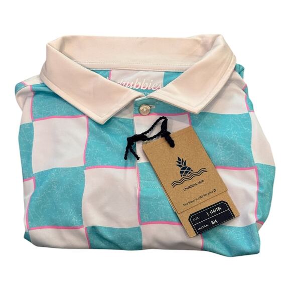 NEW CHUBBIES Youth Blue White The Pawn Performance Checkered Polo Shirt Size L - Picture 4 of 5